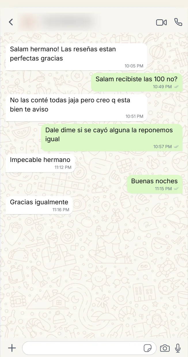 Captura de pantalla de un cliente satisfecho con el servicio